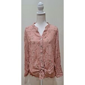 Anthropologie Fig and Flower Embroidered Tunic Blouse Roll Tab Button Fr Sz L